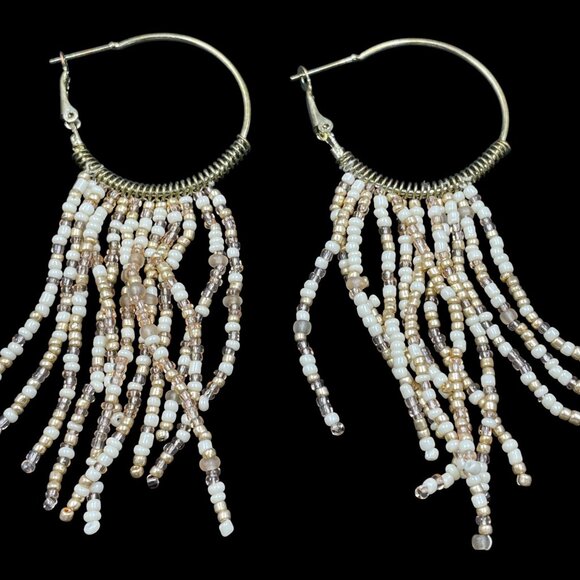 NYC Beaded Fringe Hoop Earrings Bronze Gold Tone Boho Festival Dangle Jewelry - Picture 5 of 5